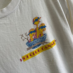 T-shirt HOT CLUB CANARY des années 1980 aminci et taché avant et arrière - Collection personnelle