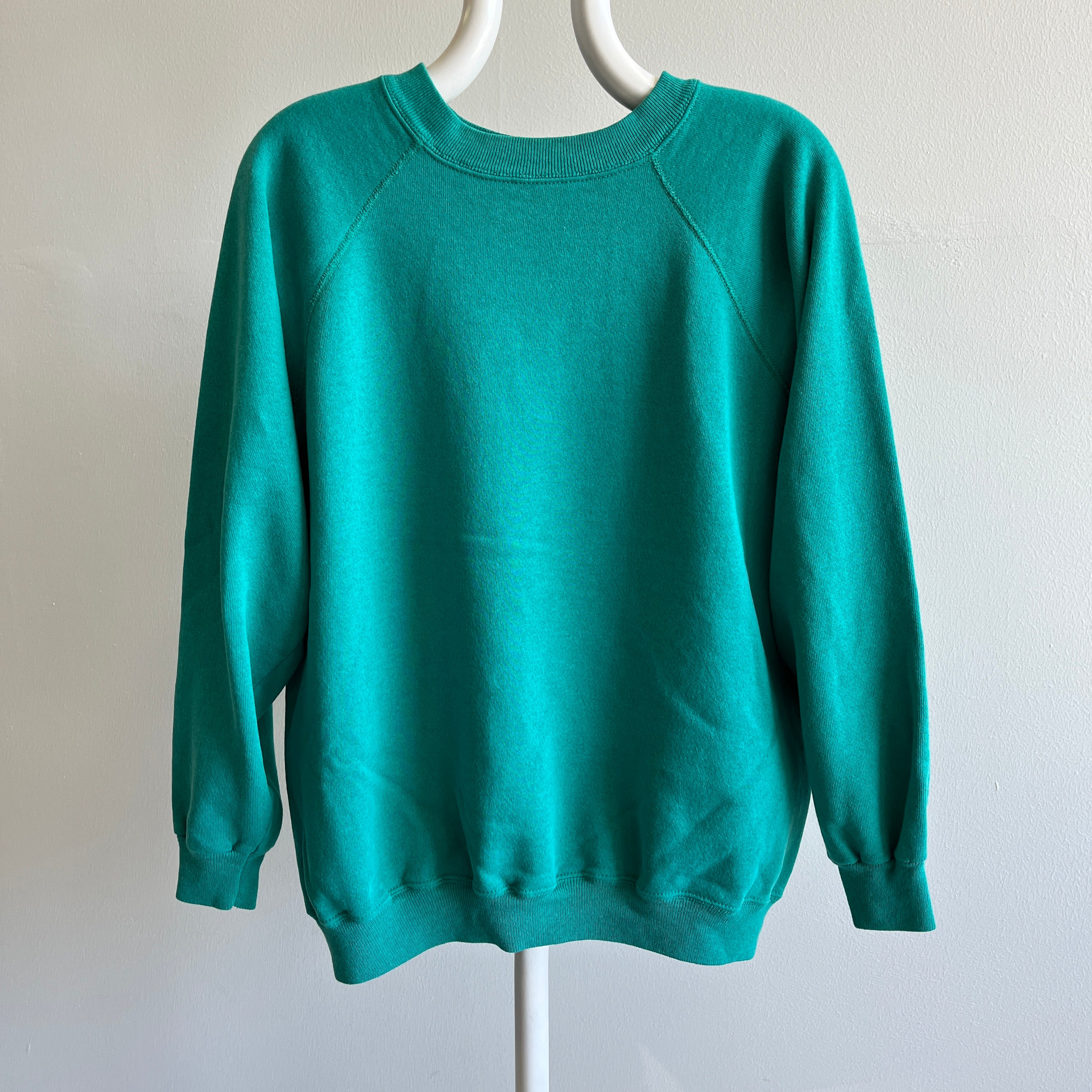 Sweat-shirt raglan bleu sarcelle vierge des années 1980