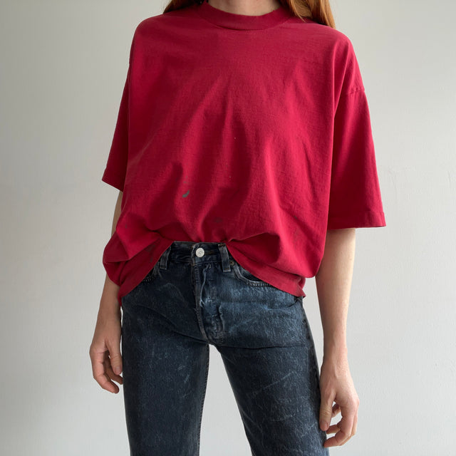 1980s FOTL Super Soft Cotton Blank Deep Faded Red Cotton T-Shirt by FOTL - Super Stained