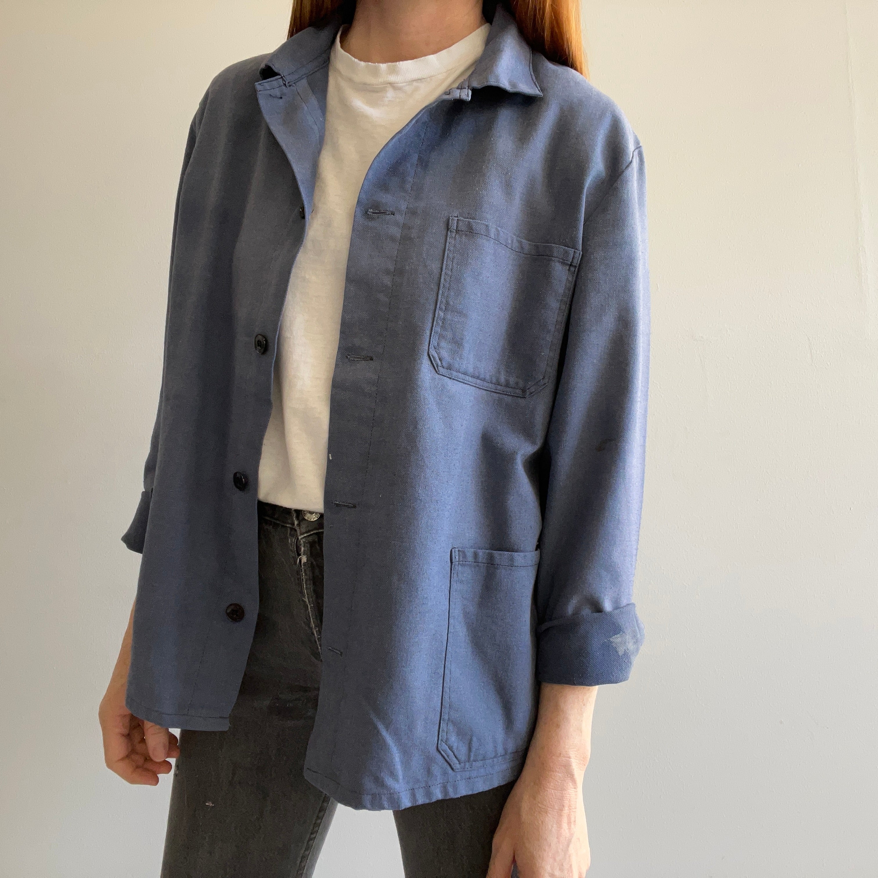 1970s Dusty Blue Chore Coat with Mending