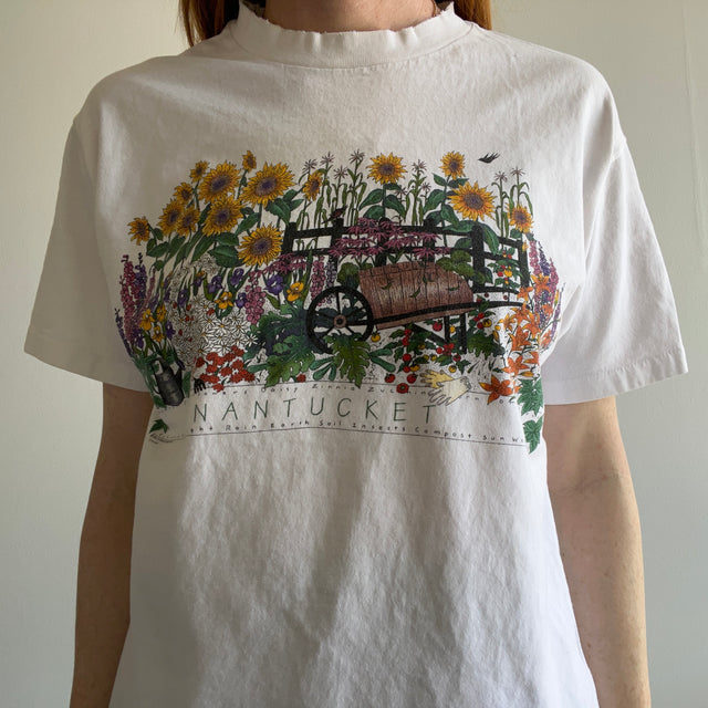 T-shirt en coton à col en lambeaux et fleurs de Nantucket des années 1980