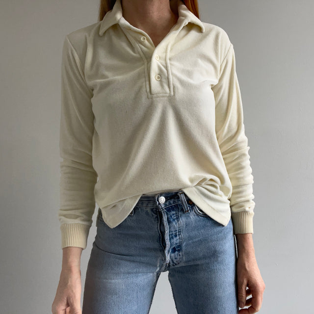 1980s Natural White Velour Long Sleeve Polo Shirt - YESSSSSS