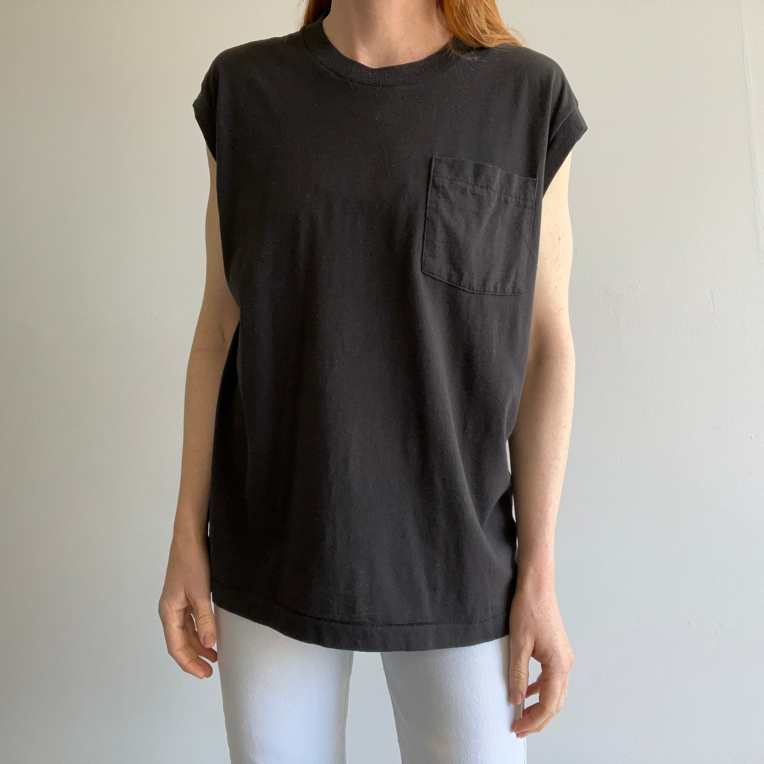 1980s Blank Black Pocket Tee Muscle Tank