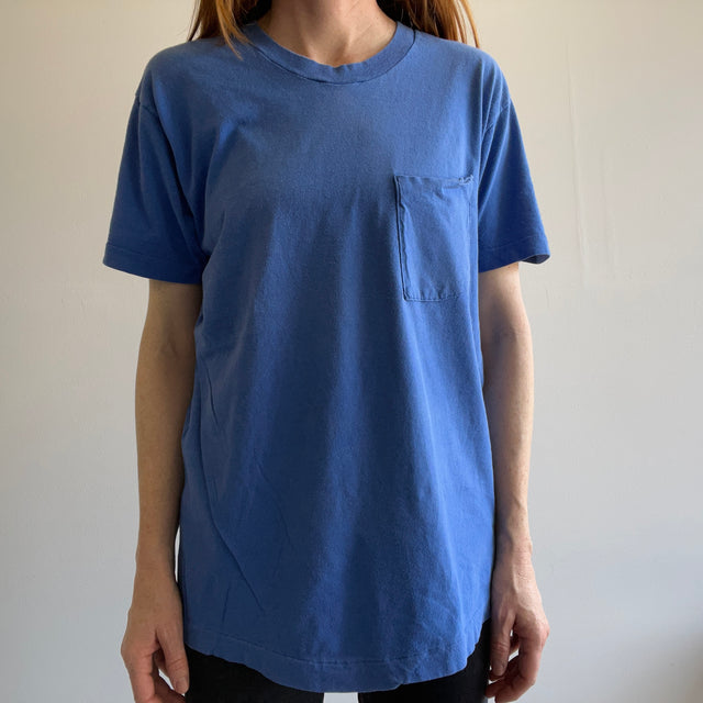 1980s Dusty Faded Blue Cotton Pocket T-Shirt by FOTL
