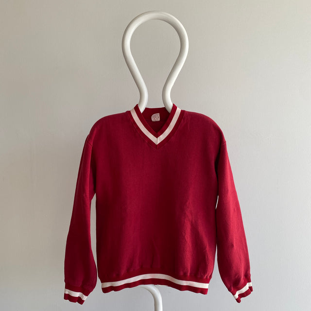 1970s Russell Brand V-Neck Blank Red and White Sweatshirt