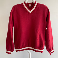 Sweat-shirt blanc rouge et blanc à col en V Russell Brand des années 1970