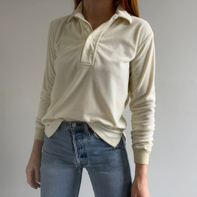 1980s Natural White Velour Long Sleeve Polo Shirt - YESSSSSS