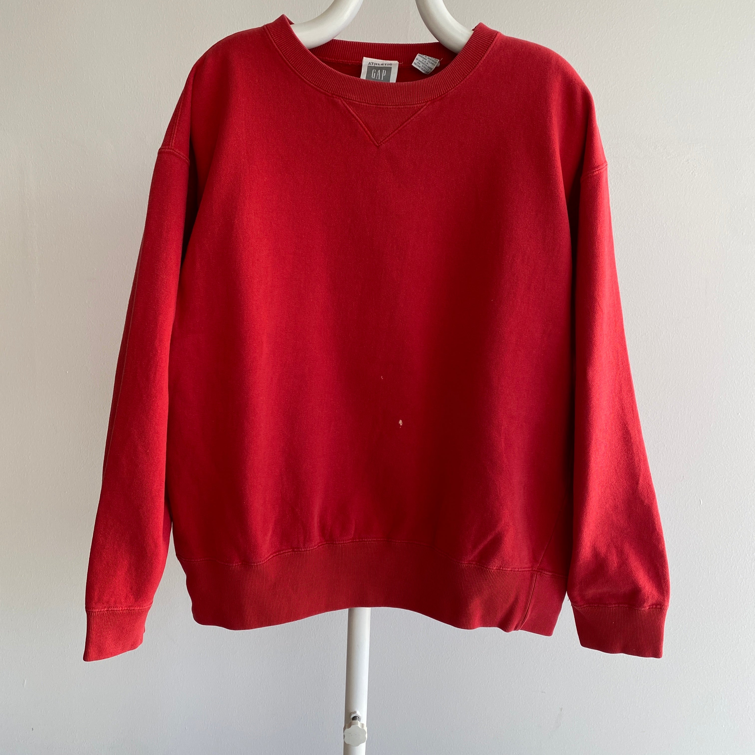 1990s Blank Red USA Made Gap Sweatshirt with a Single Bleach Stain