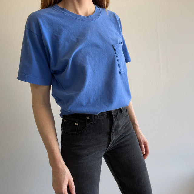 1980s Dusty Faded Blue Cotton Pocket T-Shirt by FOTL