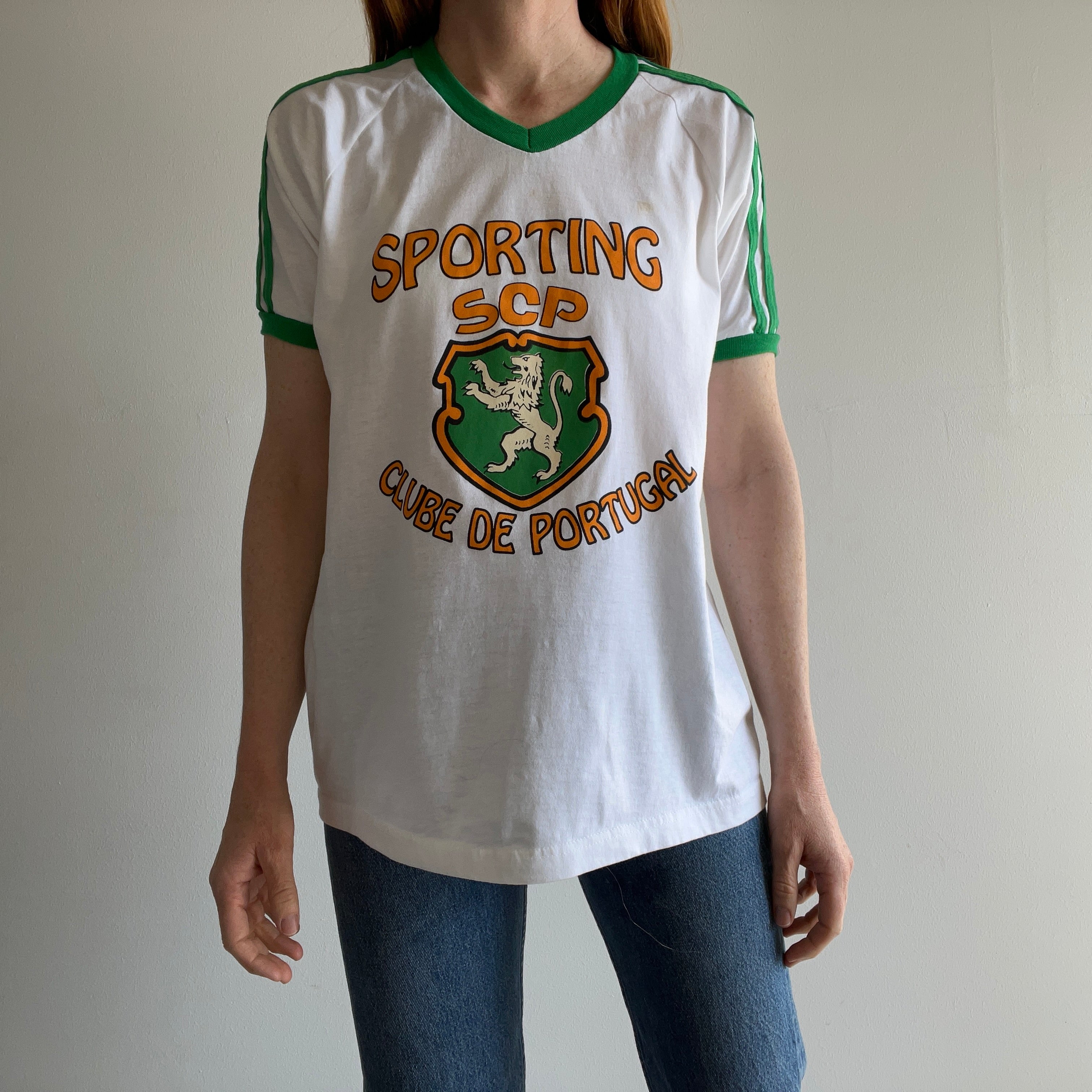 1980s Soccer Clube De Portugal Triple Stripe Ring Tee