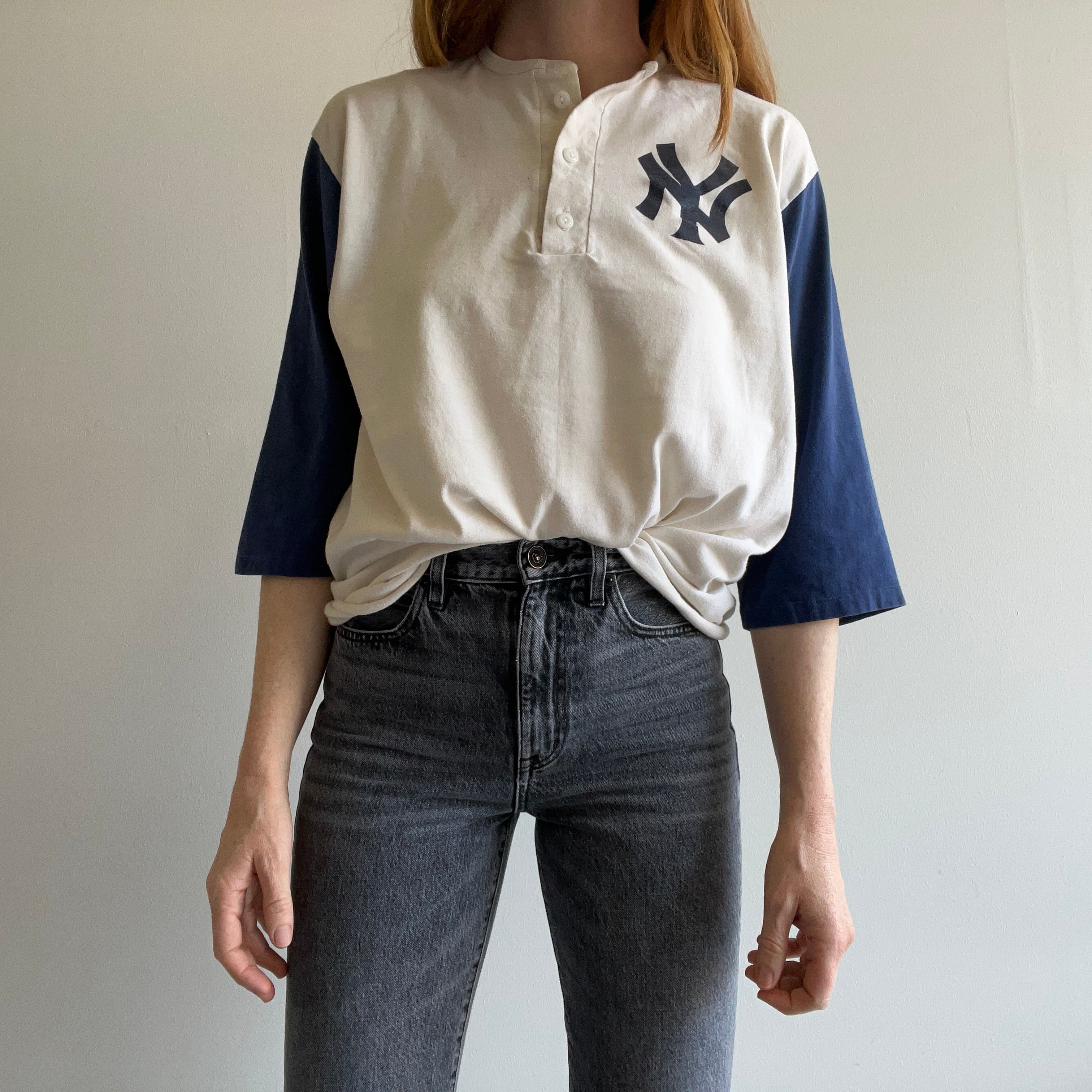 Vintage 90's Original New York Yankees Baby Blue Pin Strip Classic Majestic  Baseball Jersey (Made in USA) (Size Large)