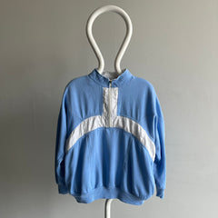 1980s Color Block 1/4 Zip Blue and White Mock Neck Sweatshirt