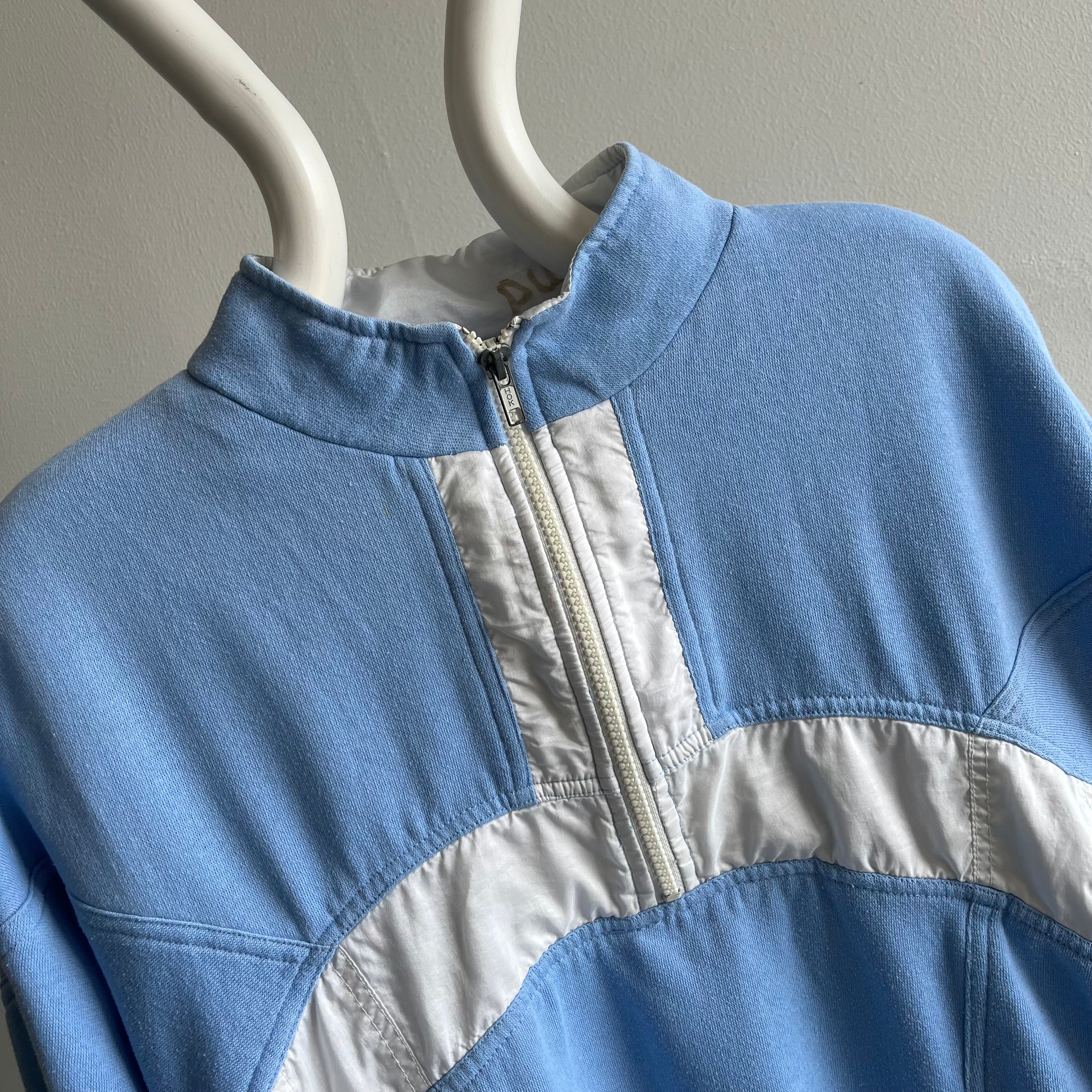 1980s Color Block 1/4 Zip Blue and White Mock Neck Sweatshirt