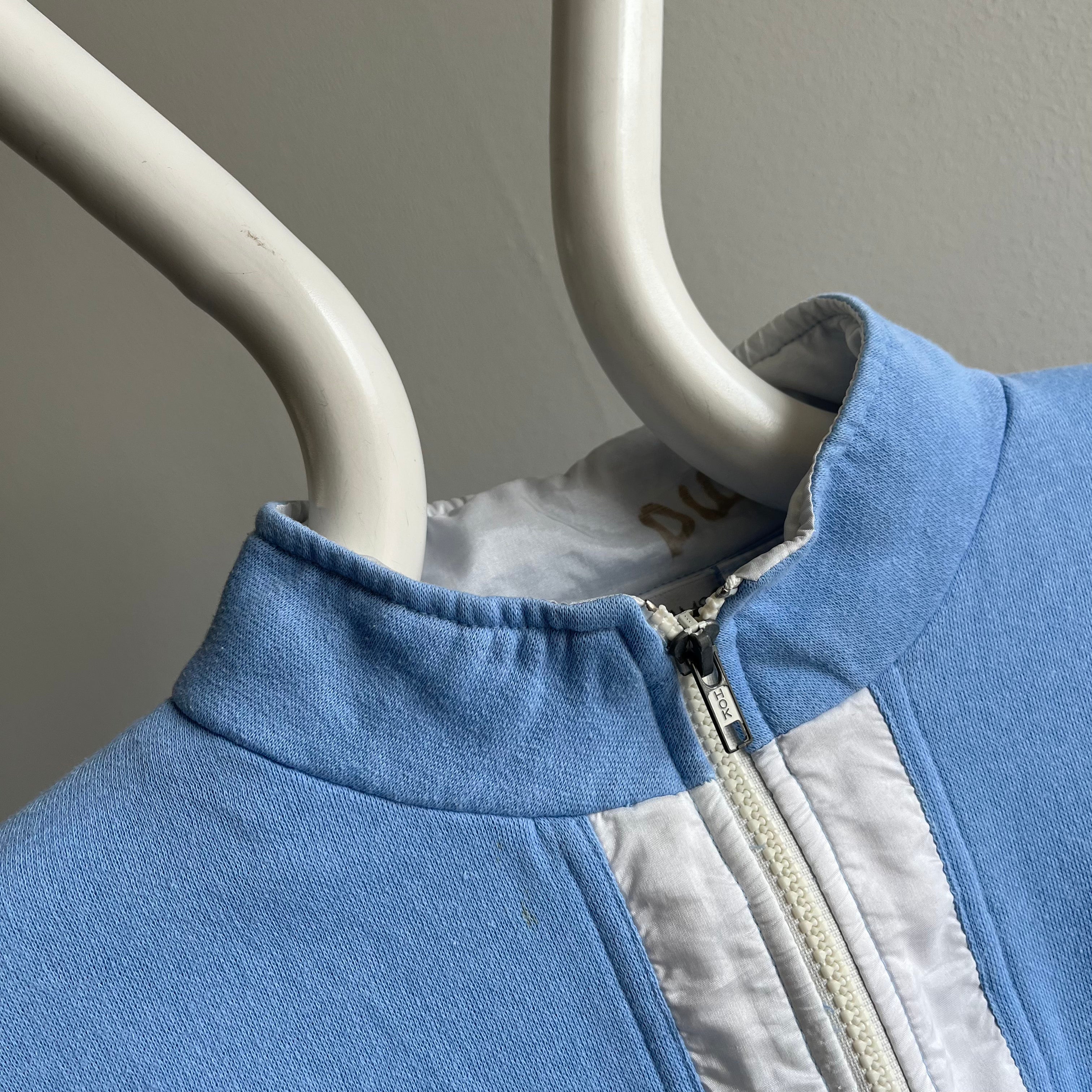 1980s Color Block 1/4 Zip Blue and White Mock Neck Sweatshirt