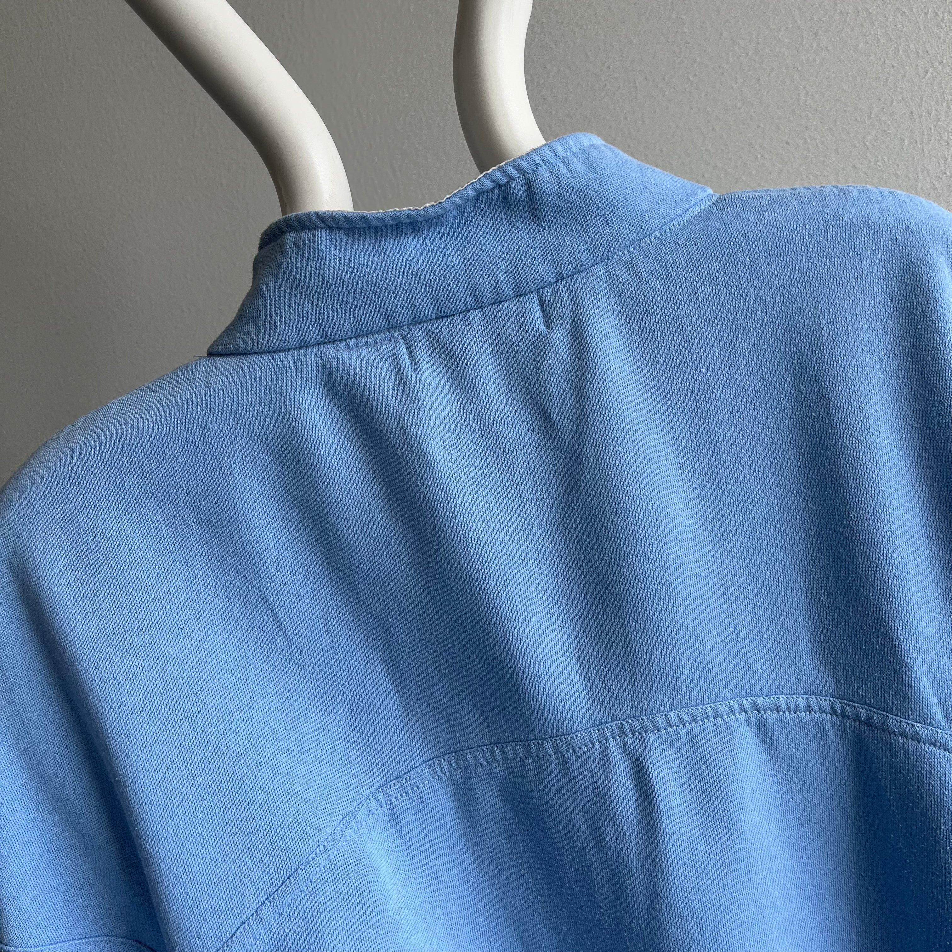 1980s Color Block 1/4 Zip Blue and White Mock Neck Sweatshirt