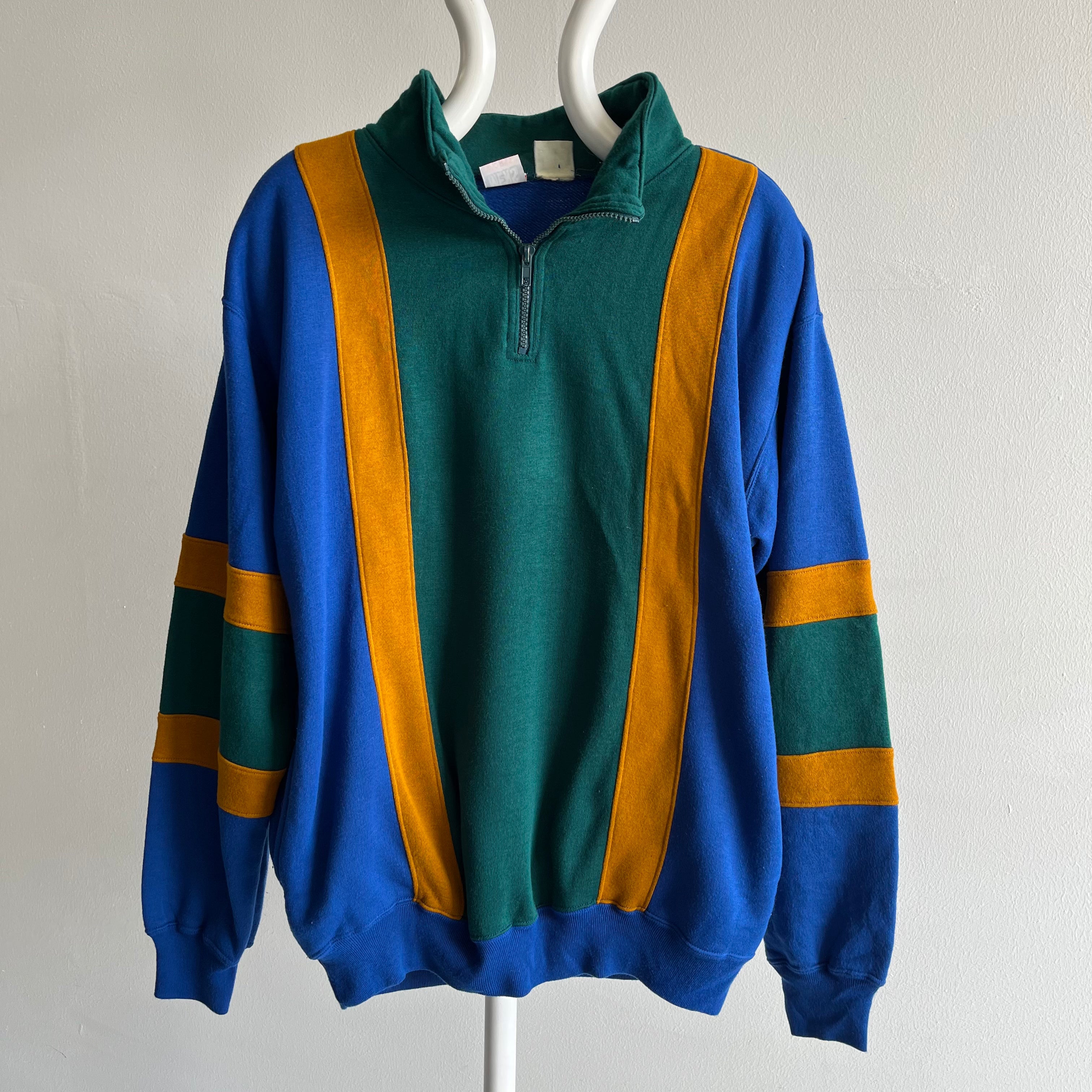 1990s Color Block 1/4 Zip Mock Neck Sweatshirt