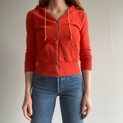 1970/80 Very Small Rusty Orange Beat Up and Stained Cotton 100% Cotton Hoodie Zip Up
