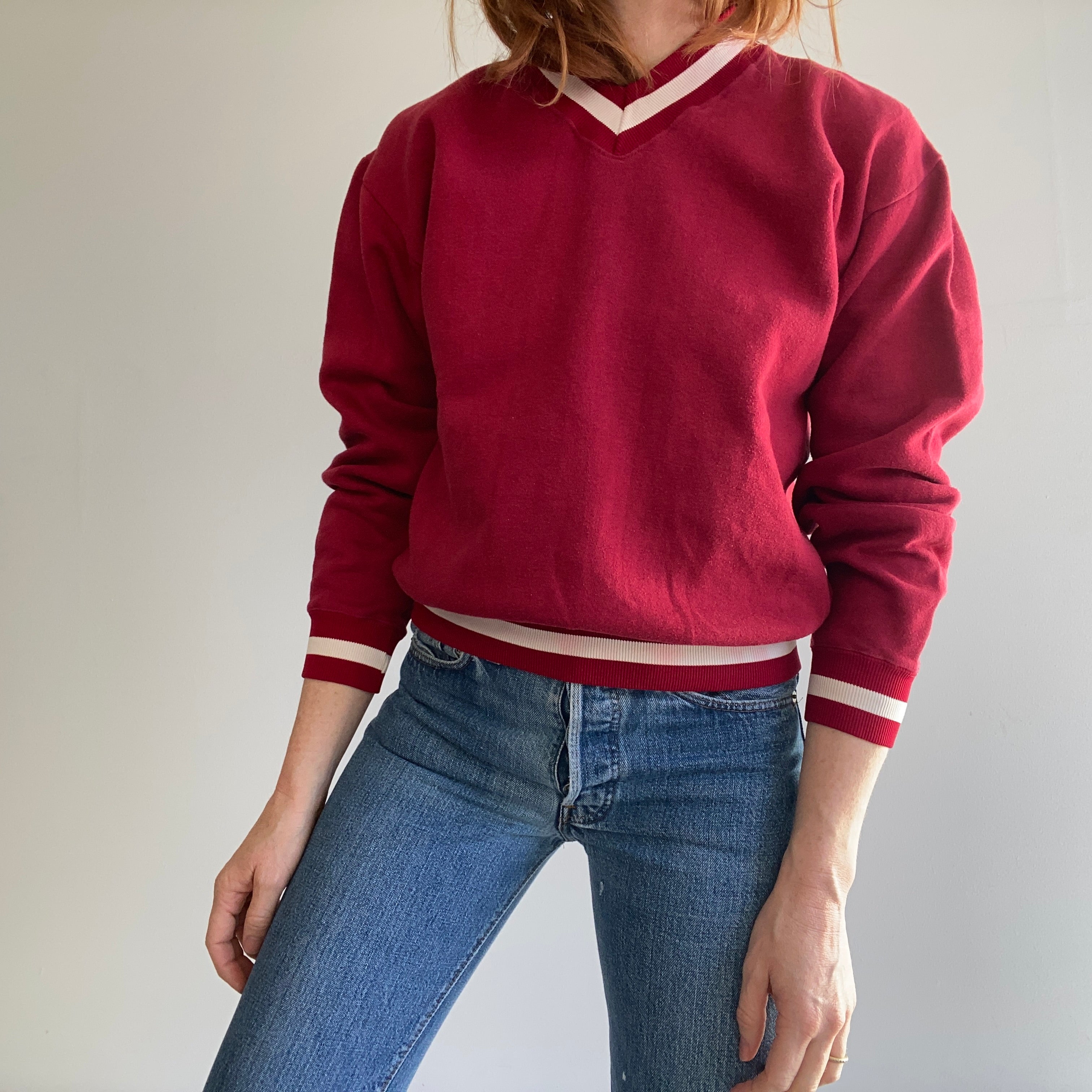 1970s Russell Brand V-Neck Blank Red and White Sweatshirt