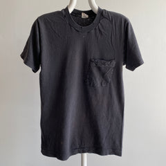 T-shirt de poche noir blanc délavé FOTL des années 1980