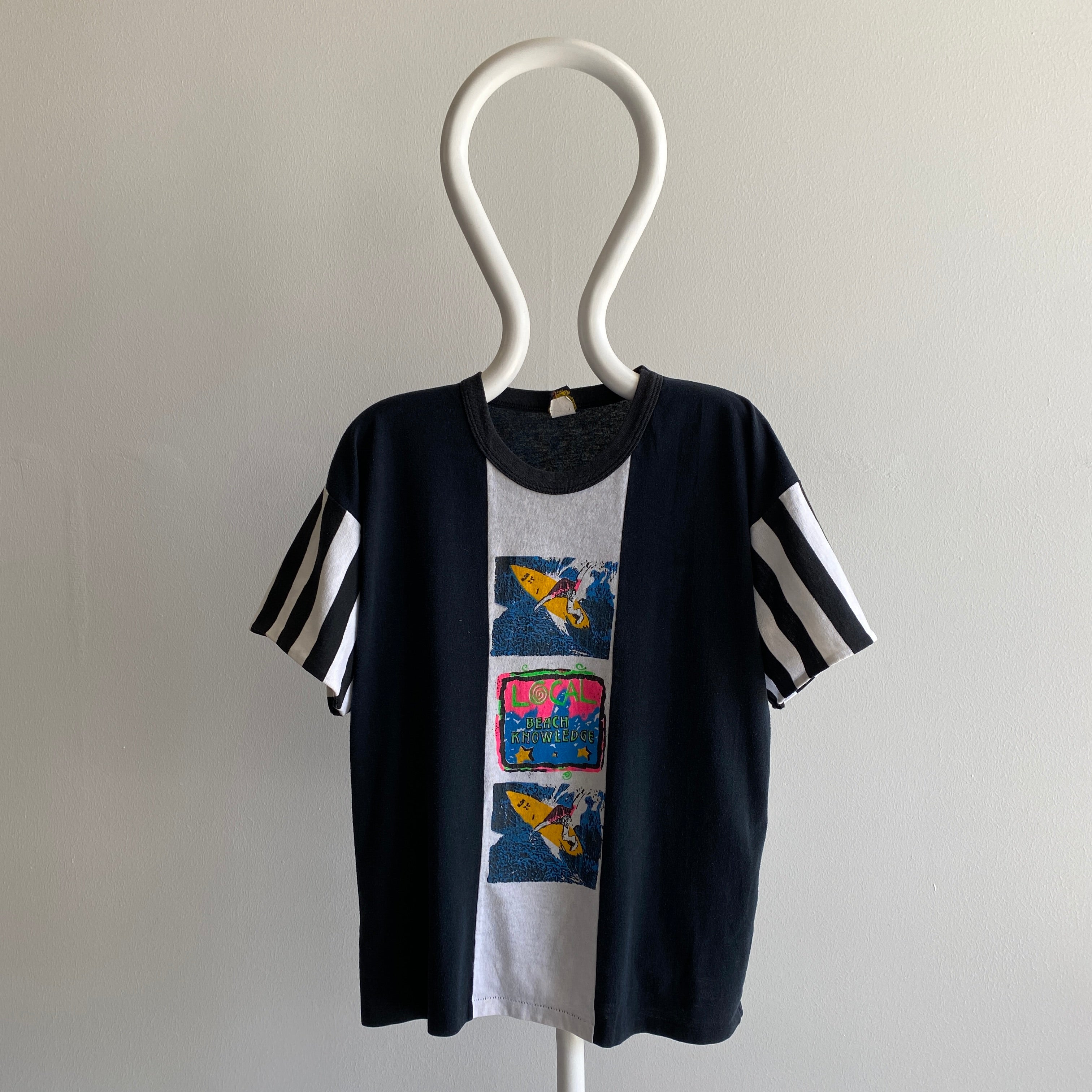 1980s Color Block Trade Winds Surfer T-Shirt with Striped Sleeves