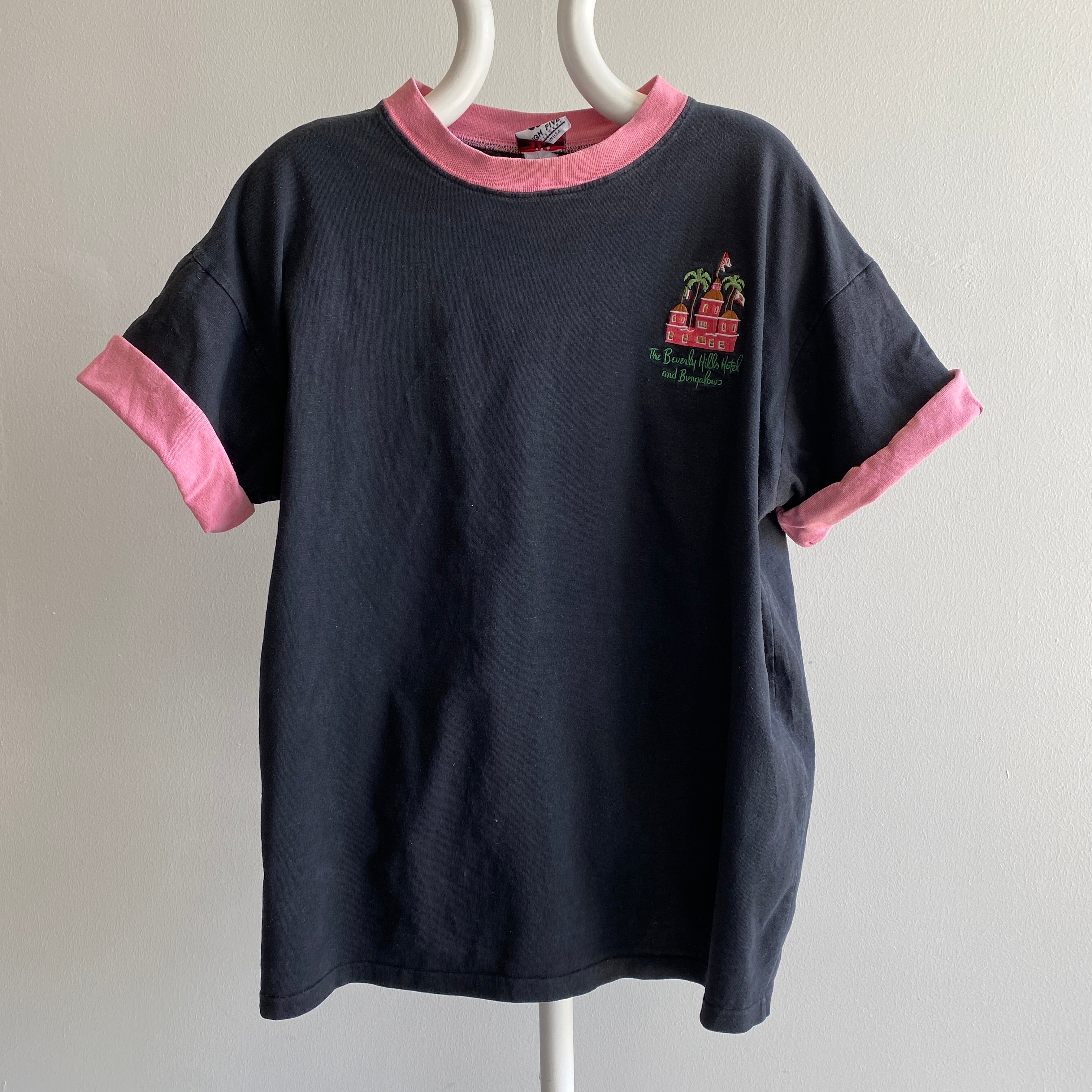 1990s Iconic The Beverly Hills Hotel and Bungalows Contrast Roll Up Sleeve Cotton T-Shirt