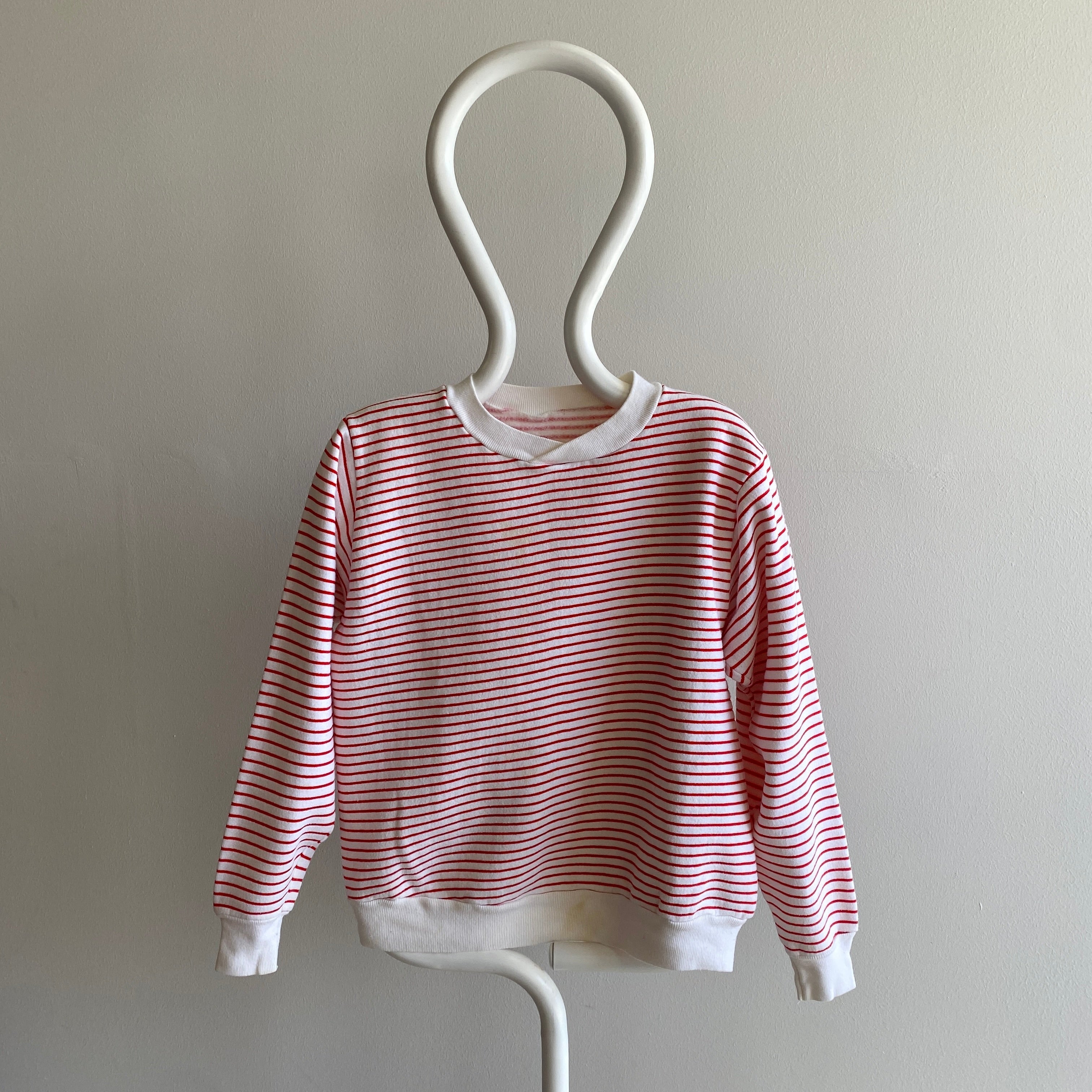 1980s Medium Weight Red and White Striped Slight V Neck Sweatshirt - Private Collection