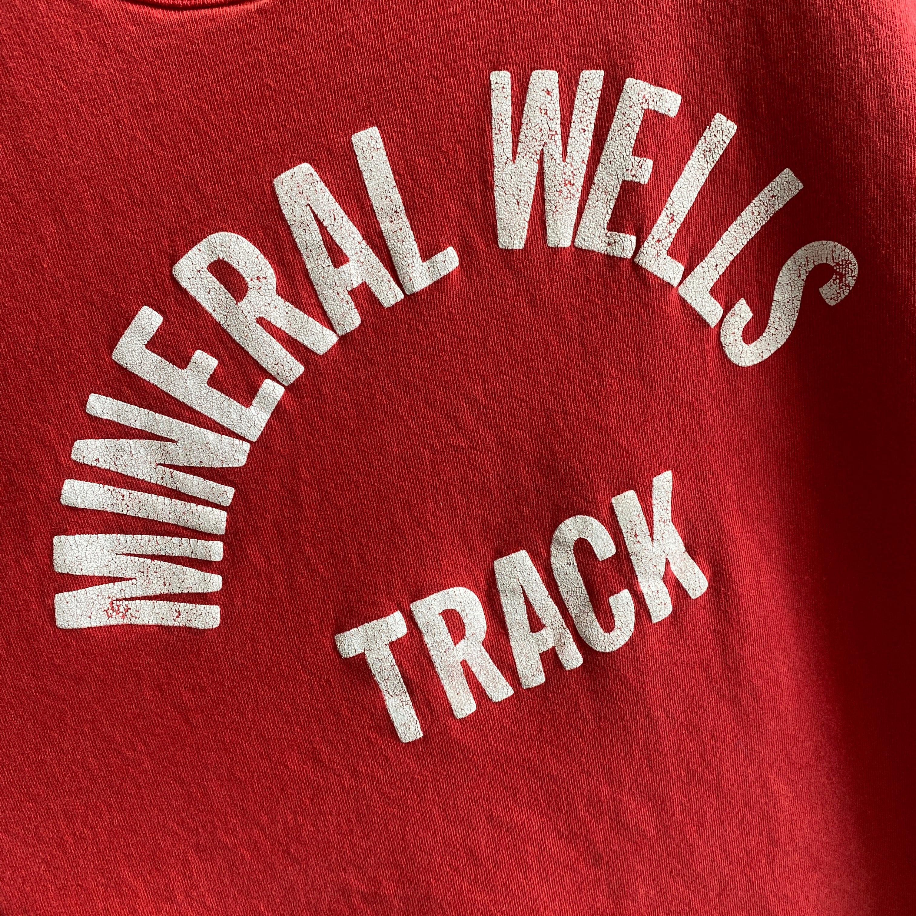 1970s Mineral Wells Track Rolled Neck Cut Sleeve Cotton T-Shirt by Russell