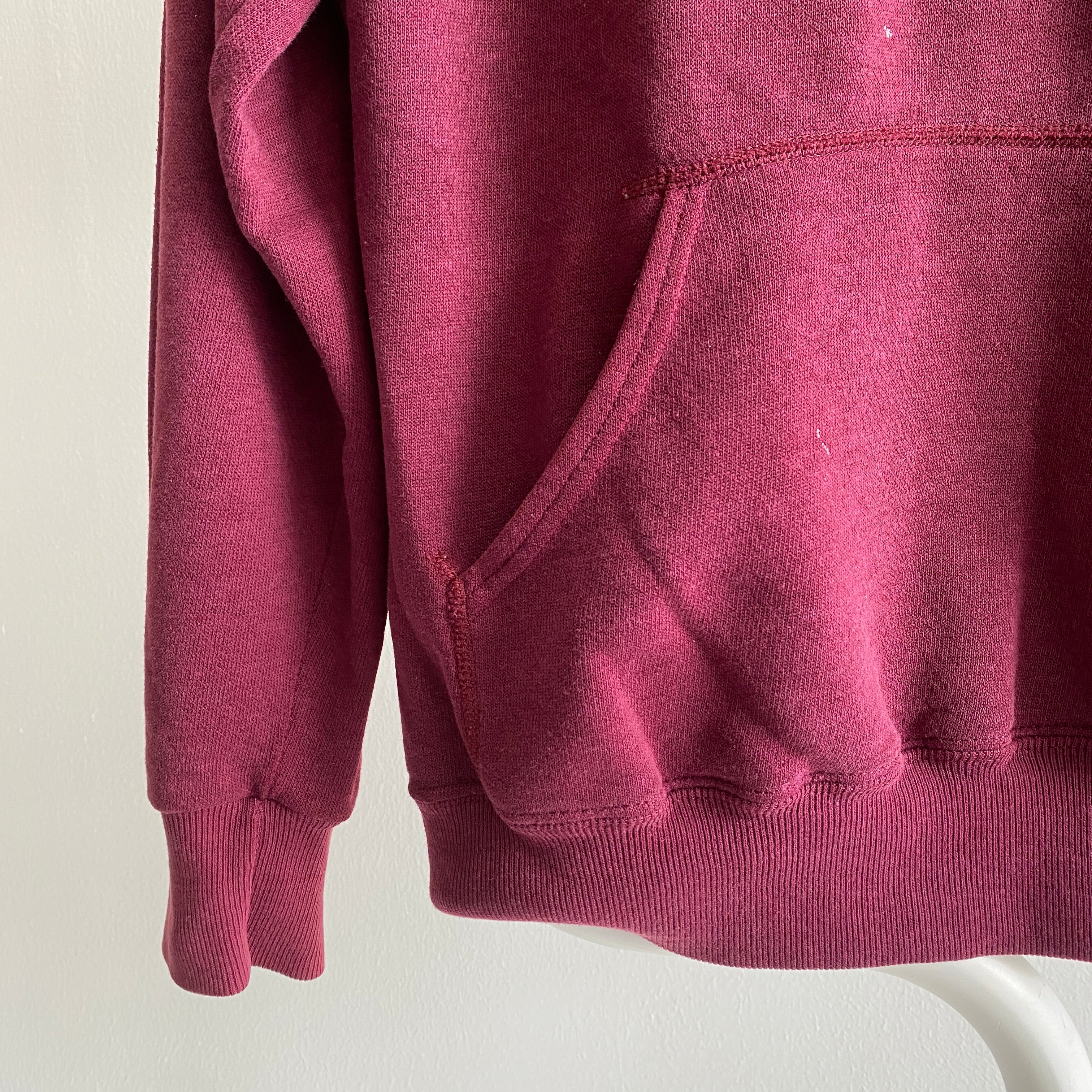 1980s Thin Soft and Slouchy Smaller Sized Blank Burgundy Pullover Hoodie