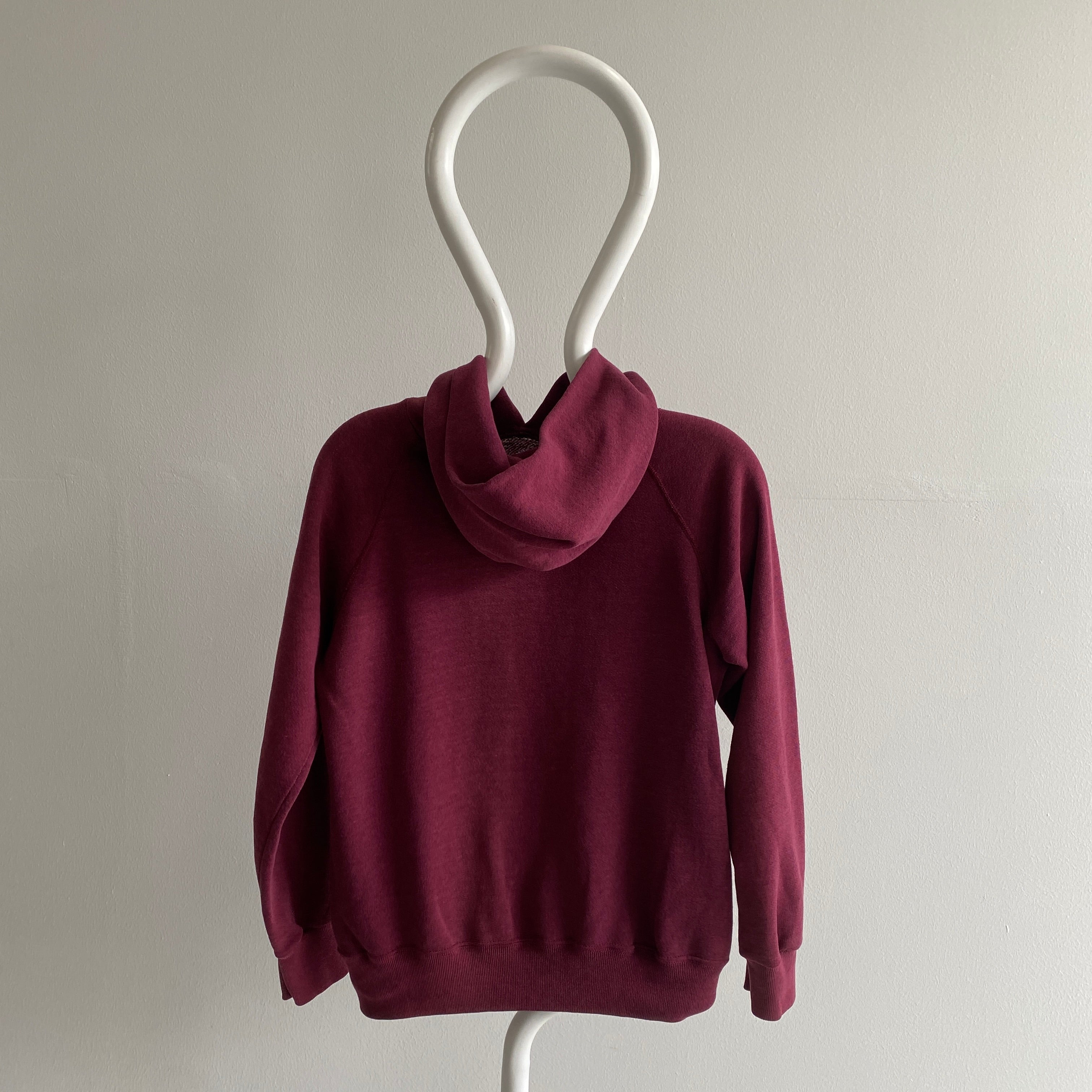 1980s Thin Soft and Slouchy Smaller Sized Blank Burgundy Pullover Hoodie