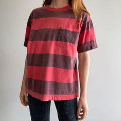 1990s Faded Red and Black/Gray Striped Pocket T-Shirt