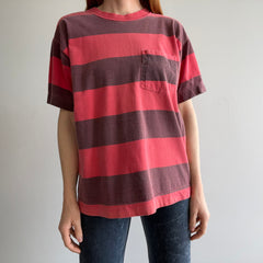 1990s Faded Red and Black/Gray Striped Pocket T-Shirt