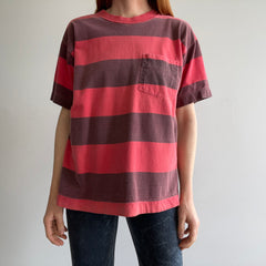 1990s Faded Red and Black/Gray Striped Pocket T-Shirt