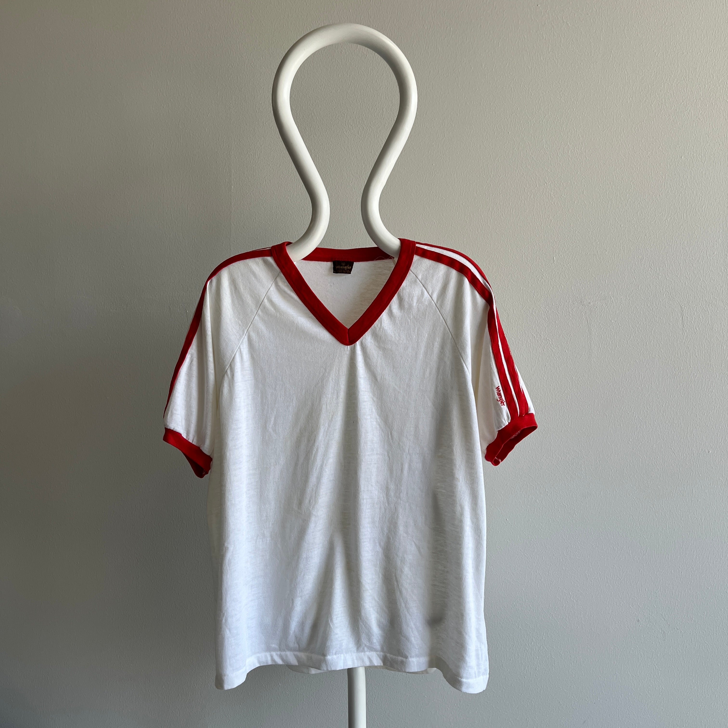 1970/80s Wrangler Triple Stripe V-Neck Ring T-Shirt - Stained