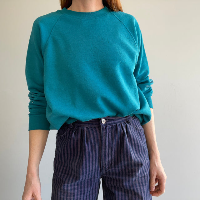 1980s Super Worn, Paint Stained and Thin Teal Sweatshirt by Lee