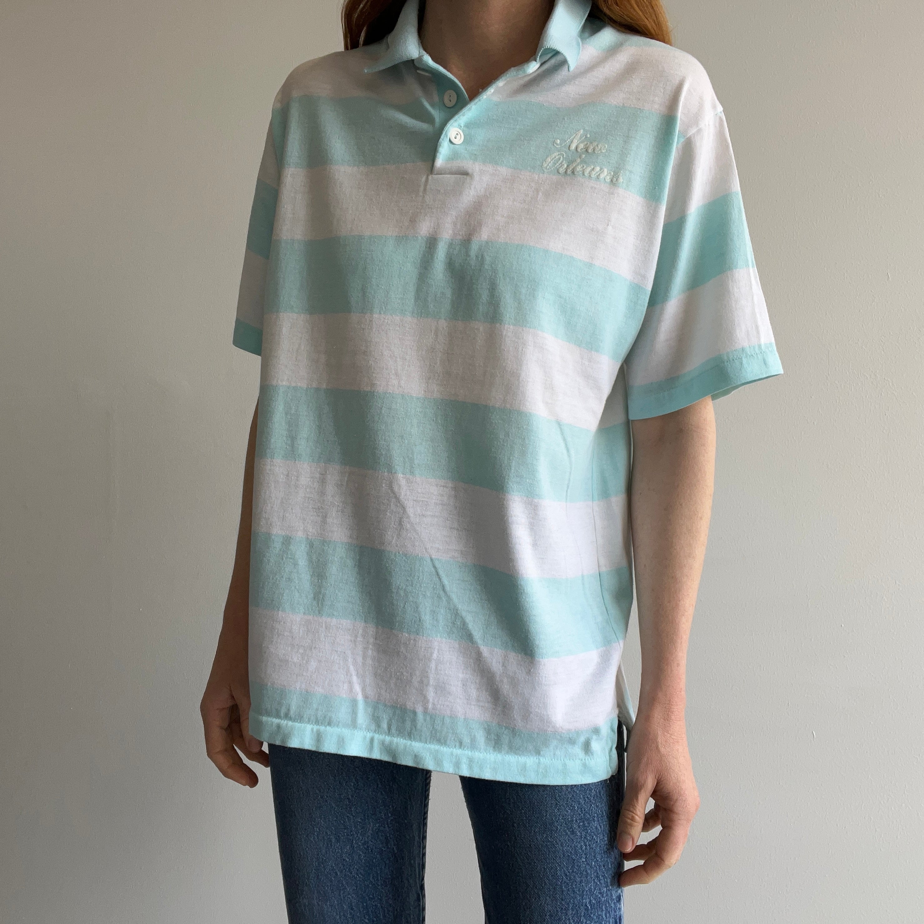 1980s New Orleans Soft and Thin New Orleans Striped Polo T-Shirt