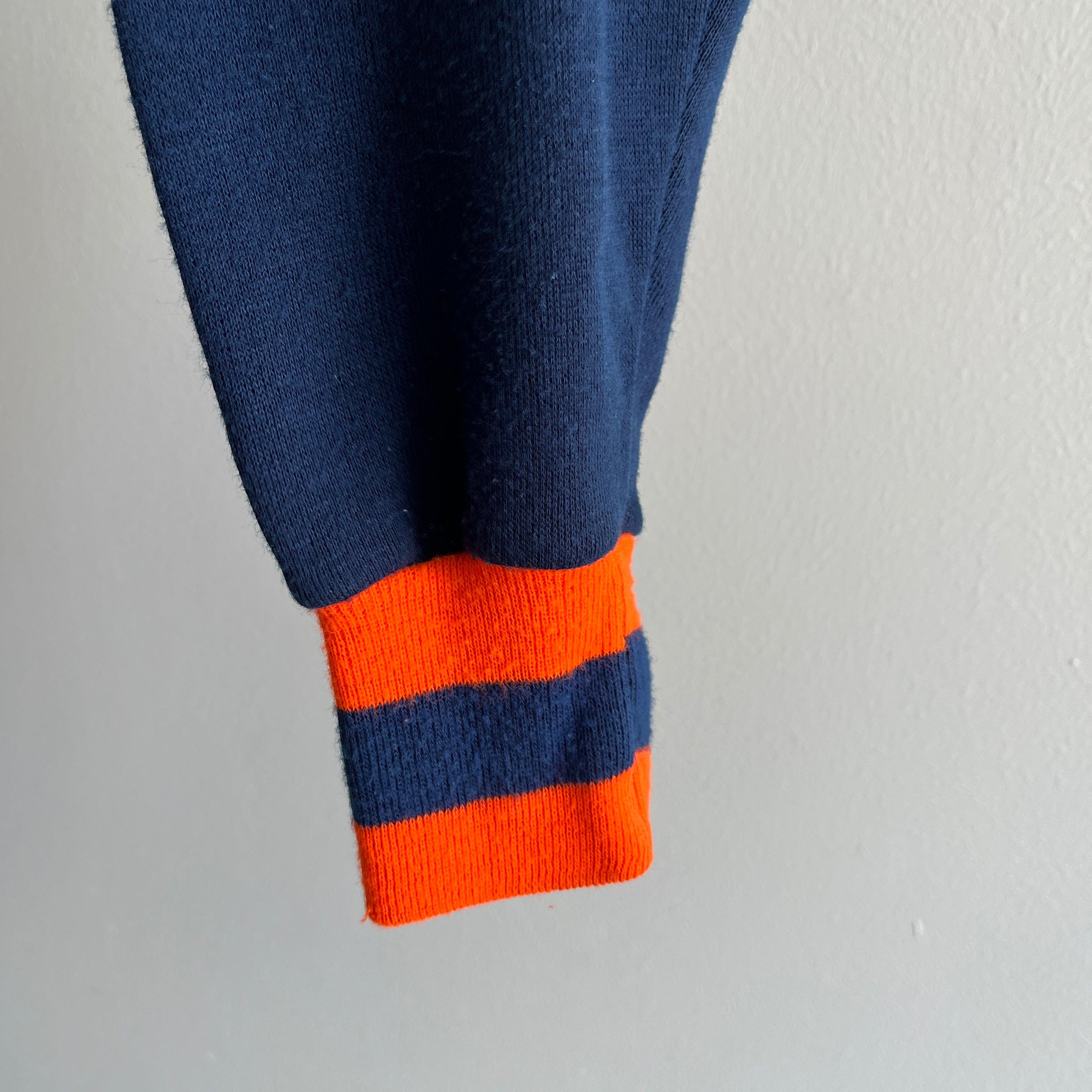 Sweat-shirt zippé léger bleu marine et orange des années 1970