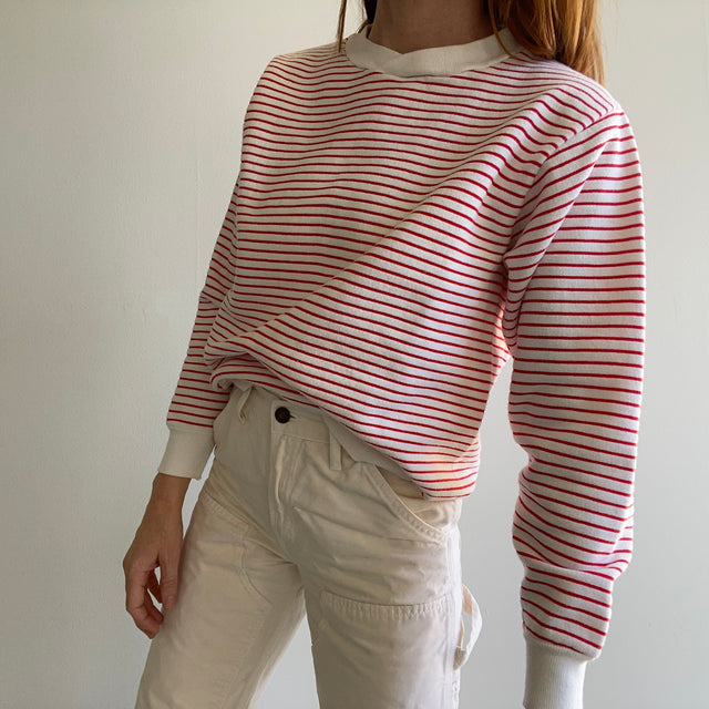 1980s Medium Weight Red and White Striped Slight V Neck Sweatshirt - Private Collection