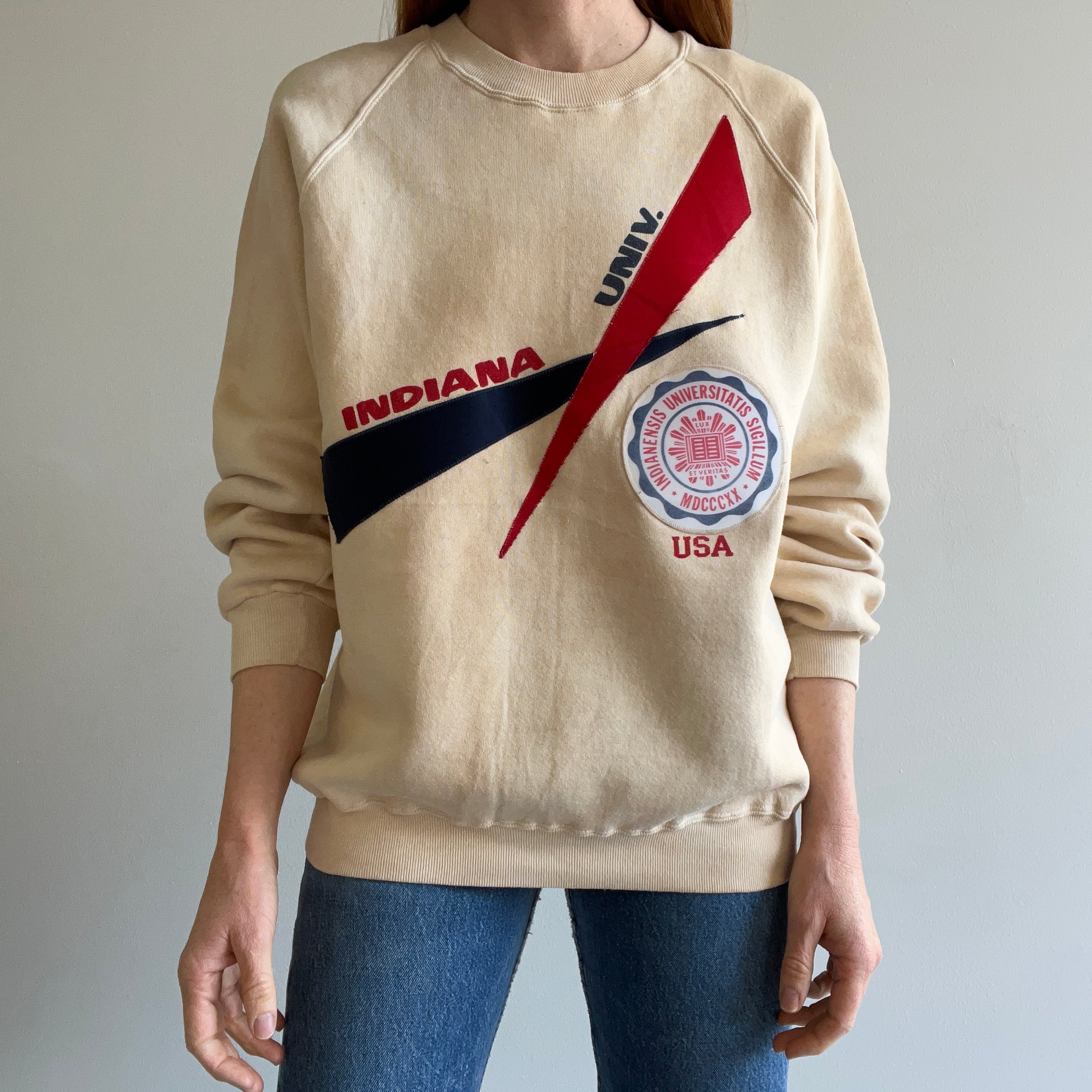 1970s Epic Aged to Ecru Indiana University Sweatshirt by Collegiate Pacific !!!