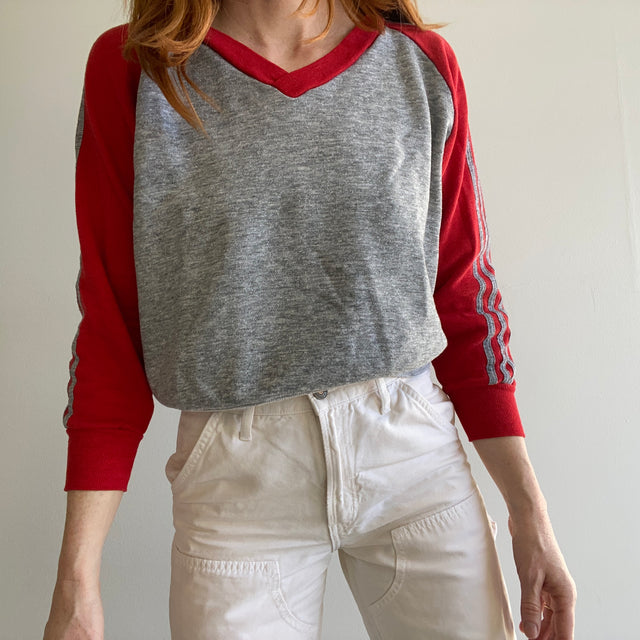 1970/80s Triple Stripe Baseball Style V-Neck Sweat - Collection personnelle