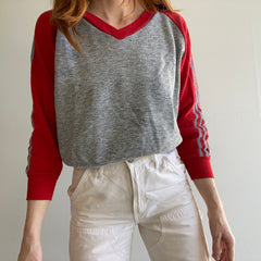 1970/80s Triple Stripe Baseball Style V-Neck Sweatshirt - Personal Collection