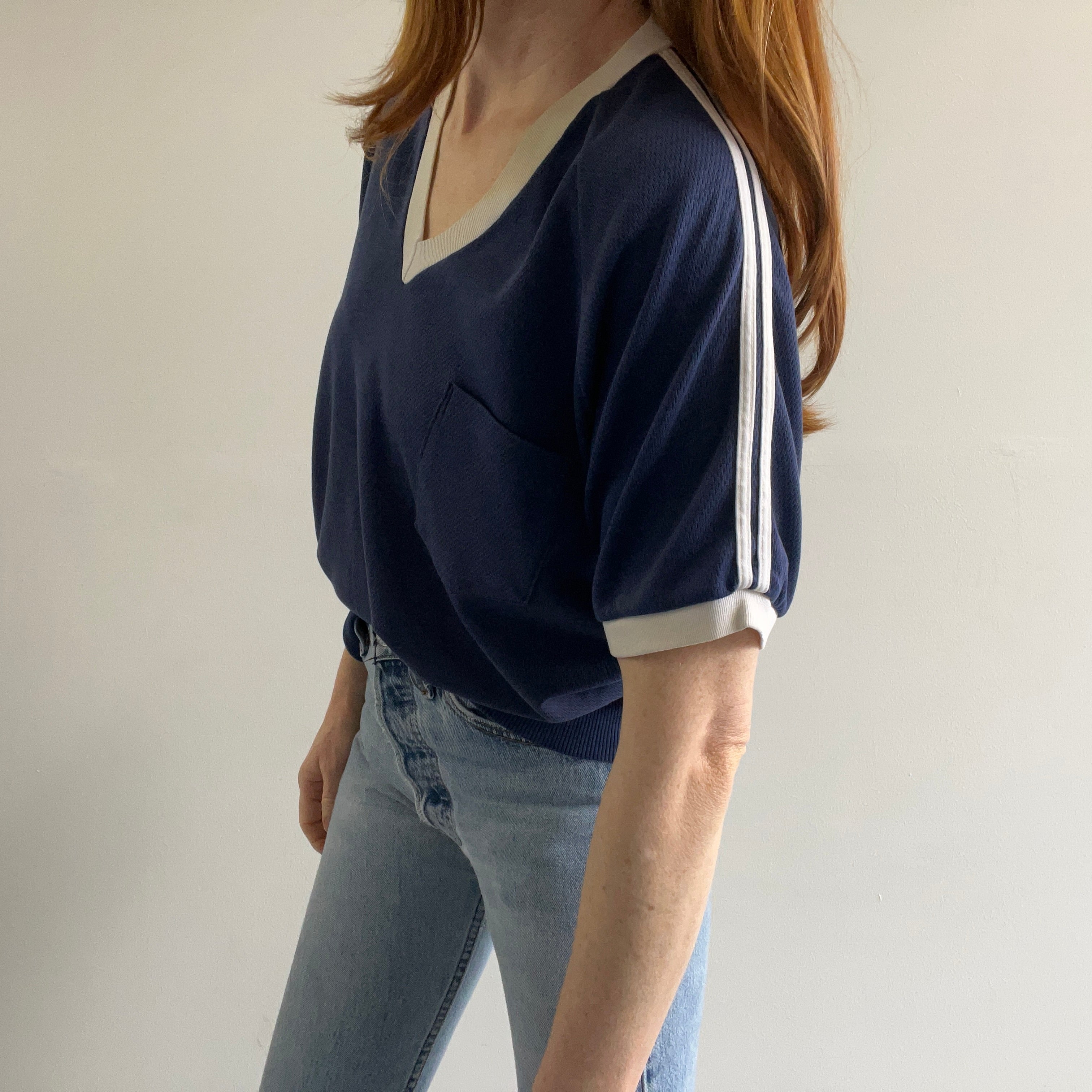 1970/80s Slouchy V-Neck Double Stripe Ring T-Shirt