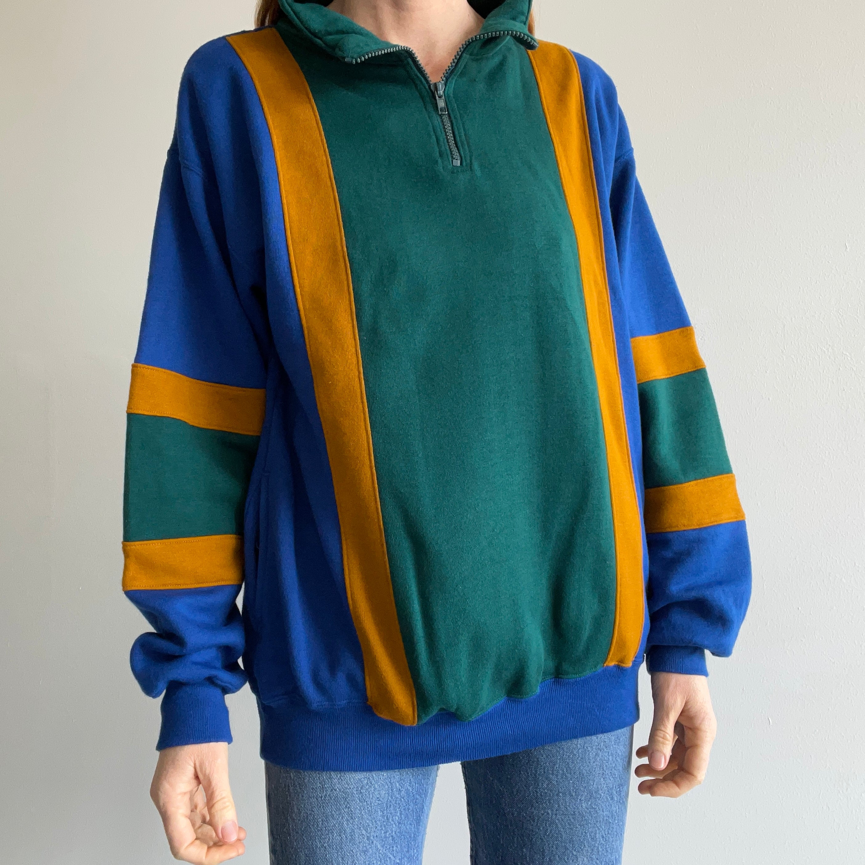 1990s Color Block 1/4 Zip Mock Neck Sweatshirt