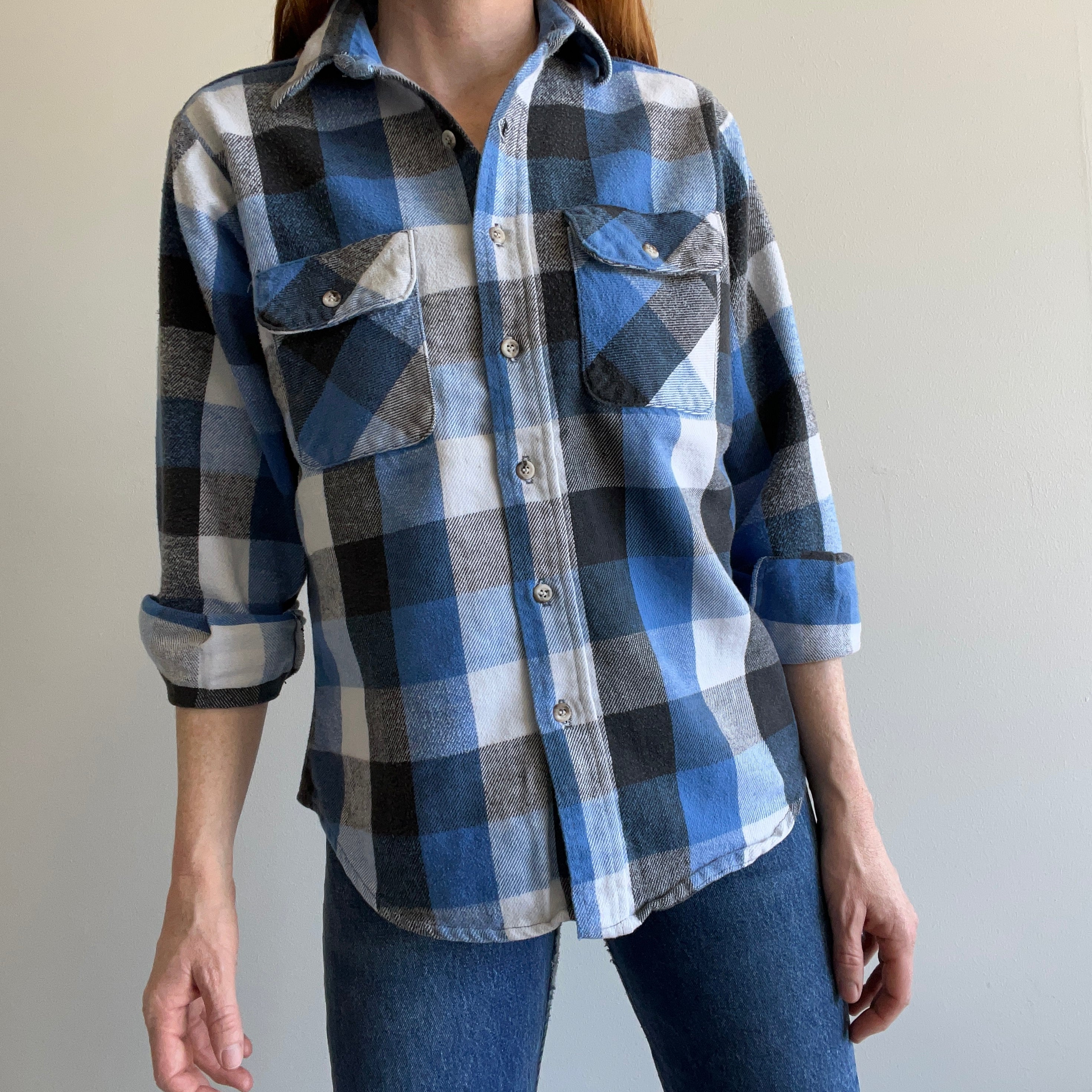 1980/0s USA Five Brothers Blue Cotton Plaid Flannel