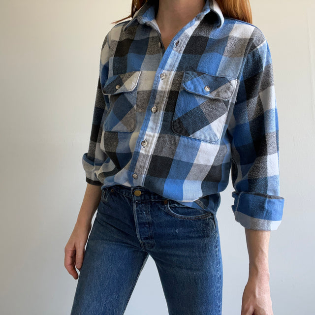 1980/0s USA Five Brothers Blue Cotton Plaid Flannel