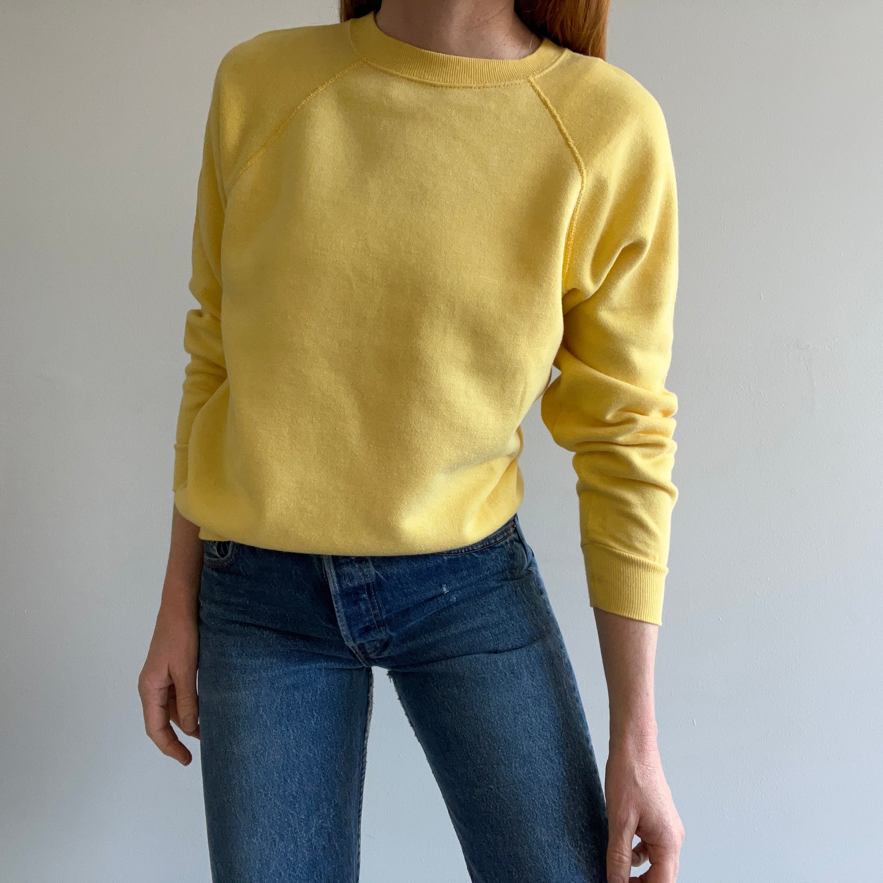 1980s Buttery Yellow Blank Raglan Sweatshirt - oh my