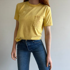 1980s Super Stained Pale Yellow Pocket T-Shirt