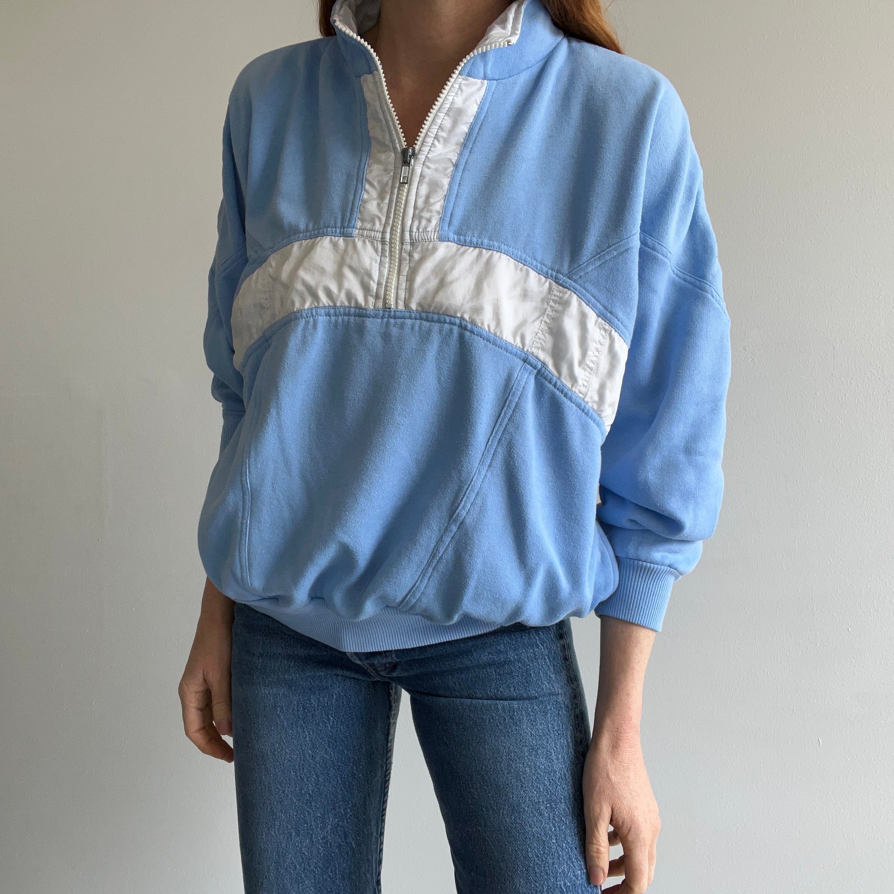 1980s Color Block 1/4 Zip Blue and White Mock Neck Sweatshirt