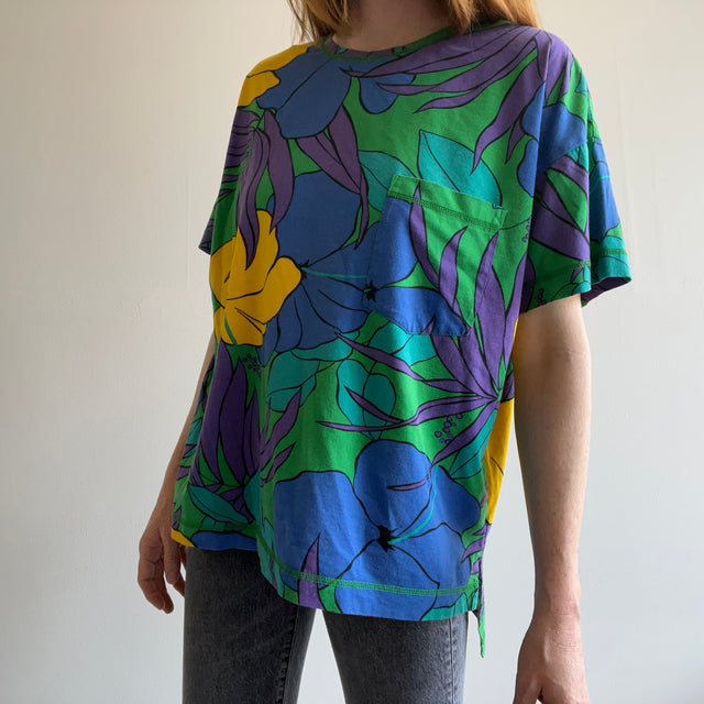 1990s Karen Kane Boxy Plant Print Women's Cut Pocket T-Shirt