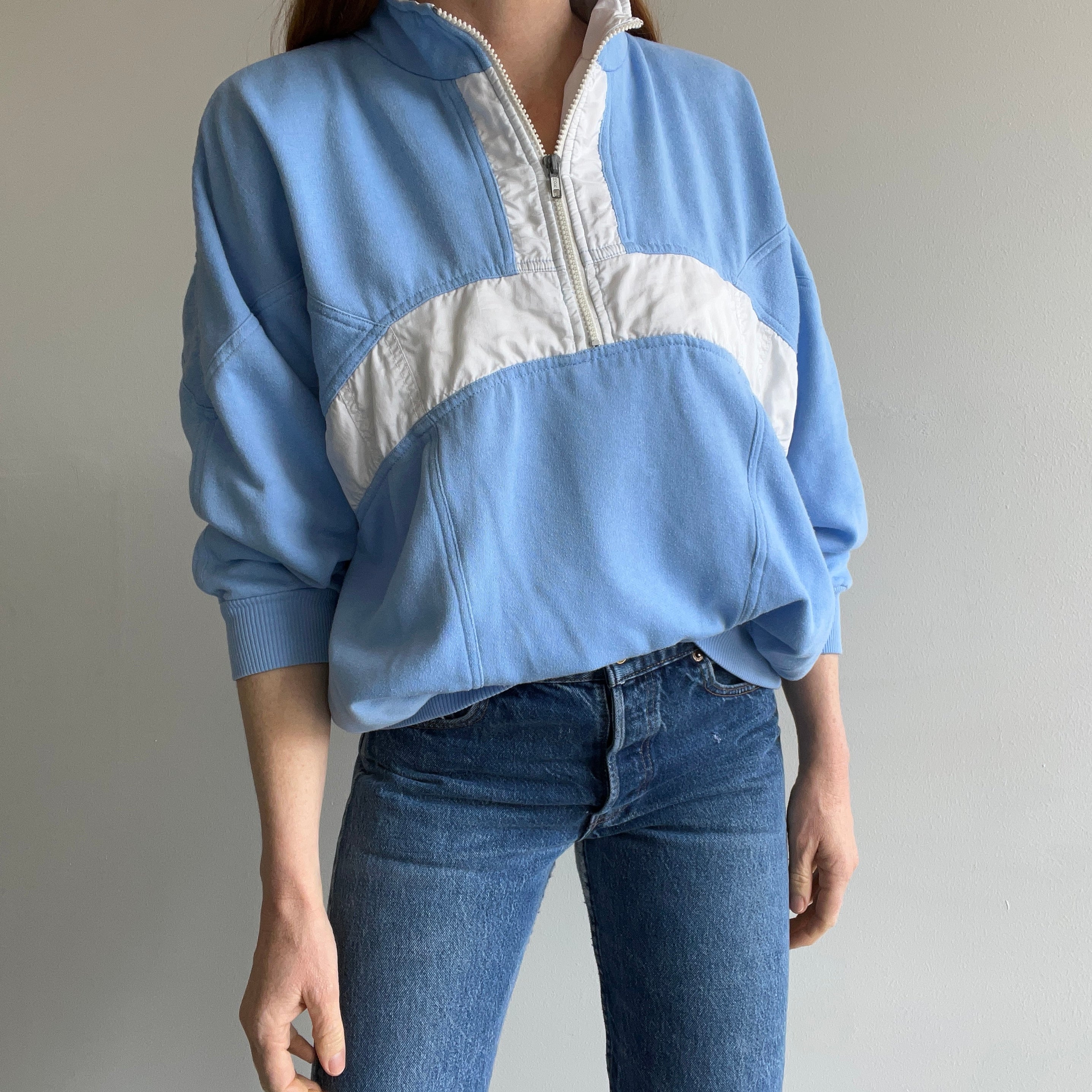 1980s Color Block 1/4 Zip Blue and White Mock Neck Sweatshirt