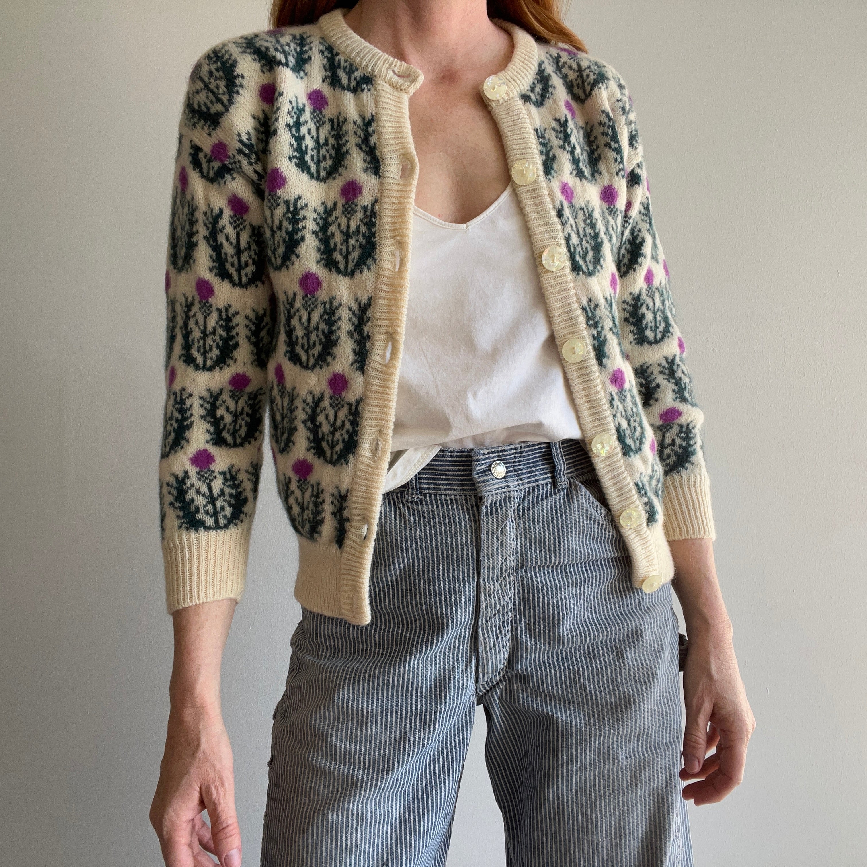 1960s Thistle Handknit Sweater with the Coolest Buttons